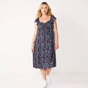 Draper James Dress RSVP Flutter Babydoll Floral Midi Blue Red Linen Blend S